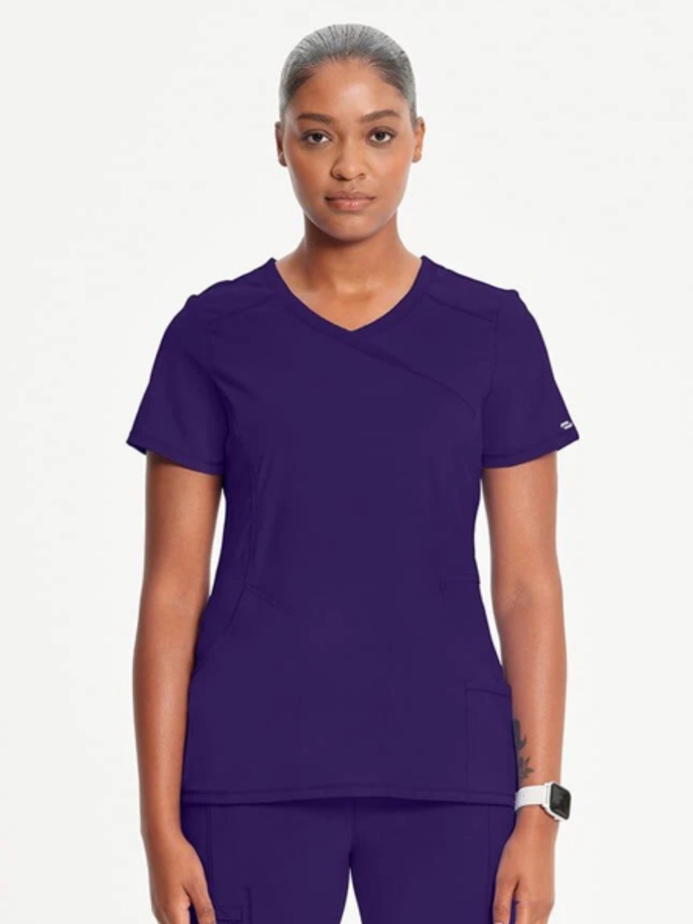 Cherokee Infinity Womens 4-Pocket Knit Panel Mock Wrap Scrub Top EUC small grape